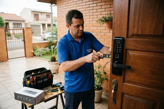 Fechadura digital instalada em uma porta de residência em Canoas.