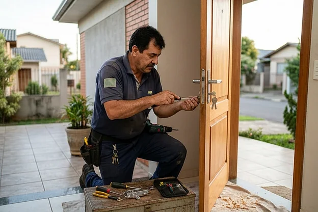 Profissional chaveiro instalando uma fechadura de segurança em uma residência em Canoas.