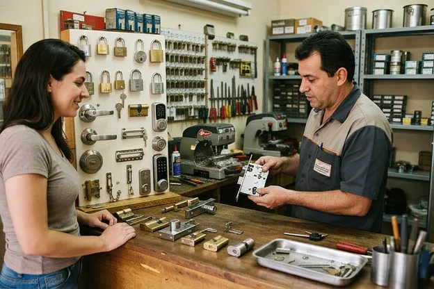 Profissional chaveiro mostrando uma variedade de fechaduras em Canoas.
